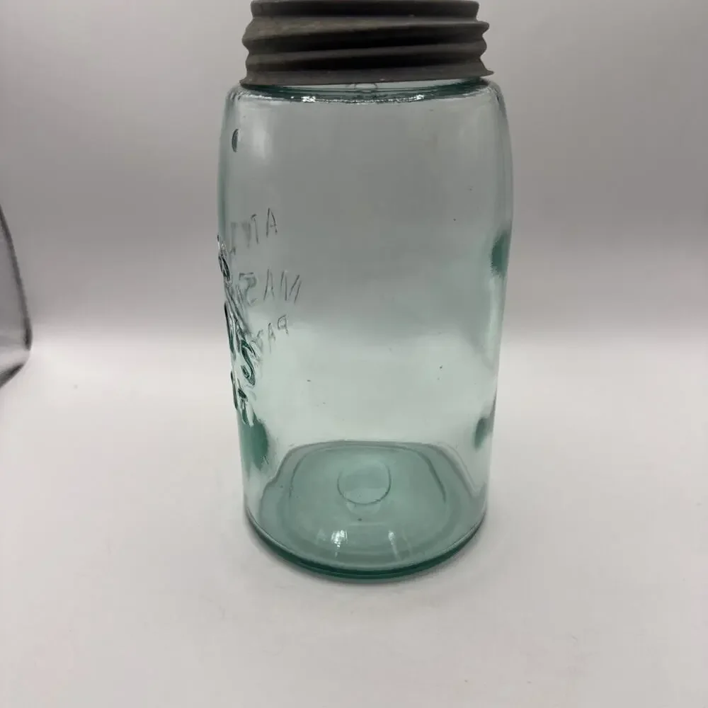 Vintage Atlas Mason’s Patent Nov 30 1858 Aqua Glass Canning Jar w Zinc Lid